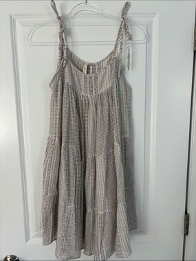 Elan Cream & Brown Gauzy Tiered Mini Sundress with Tie Straps Size M